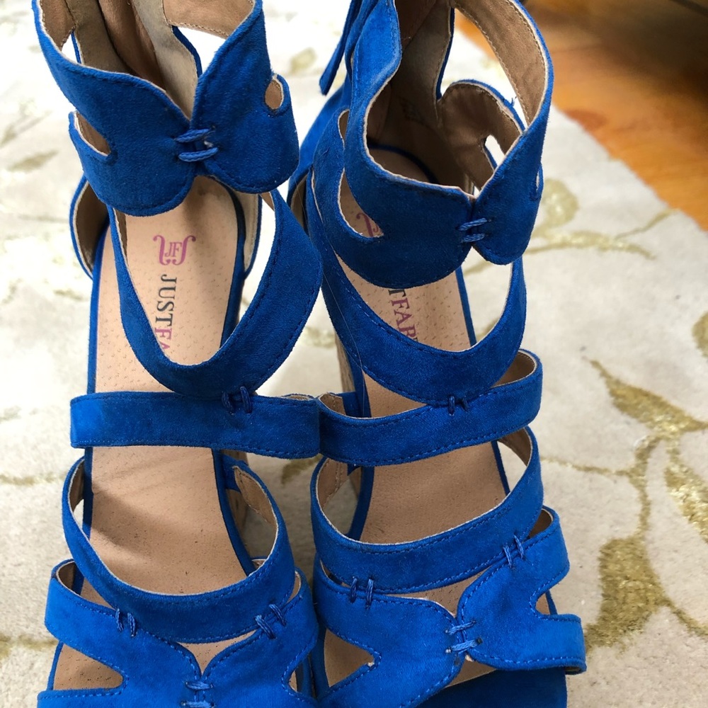 blue strap heeled sandals